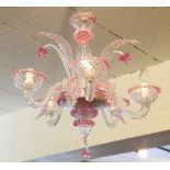 A MID 20th CENTURY VENETIAN MURANO CHANDELIER,  clear glass with pink flower heads and border