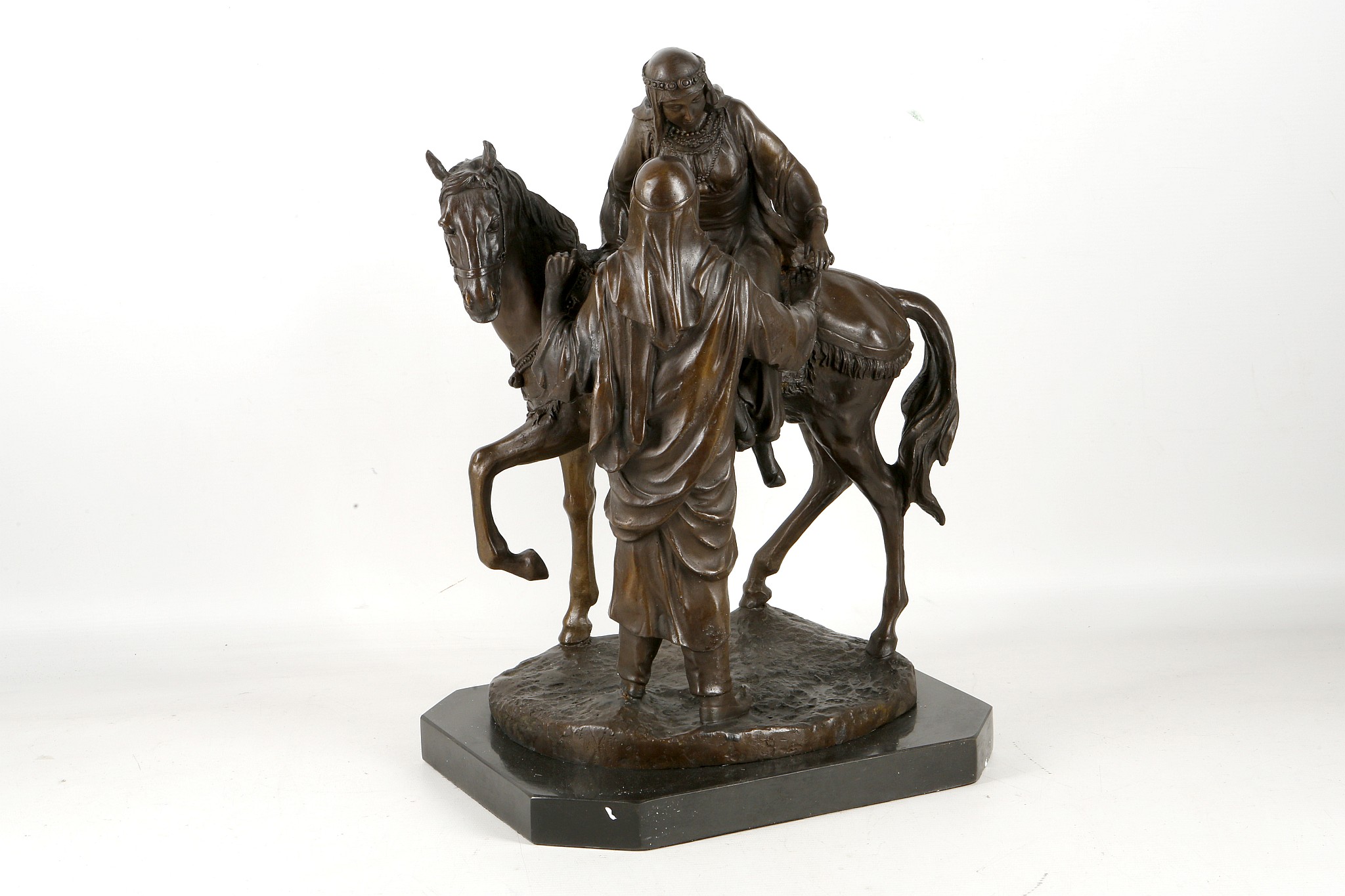 After August Rubin, bronze statue, study of an Arab man and wife upon a horse with traditional