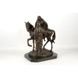 After August Rubin, bronze statue, study of an Arab man and wife upon a horse with traditional