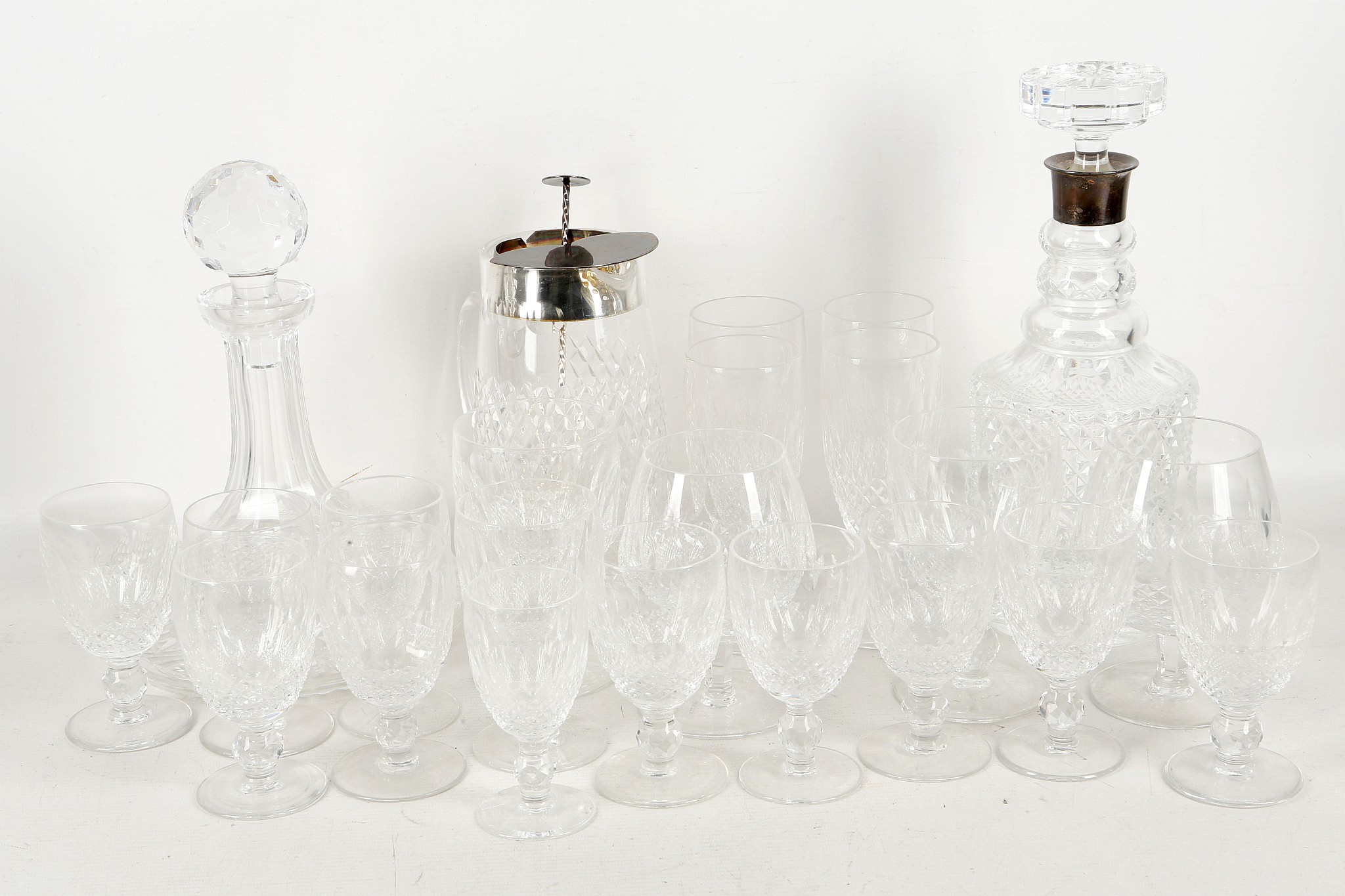 A hobnail crystal mallet decanter, silver collar c.1950, possibly Waterford, assorted glassware