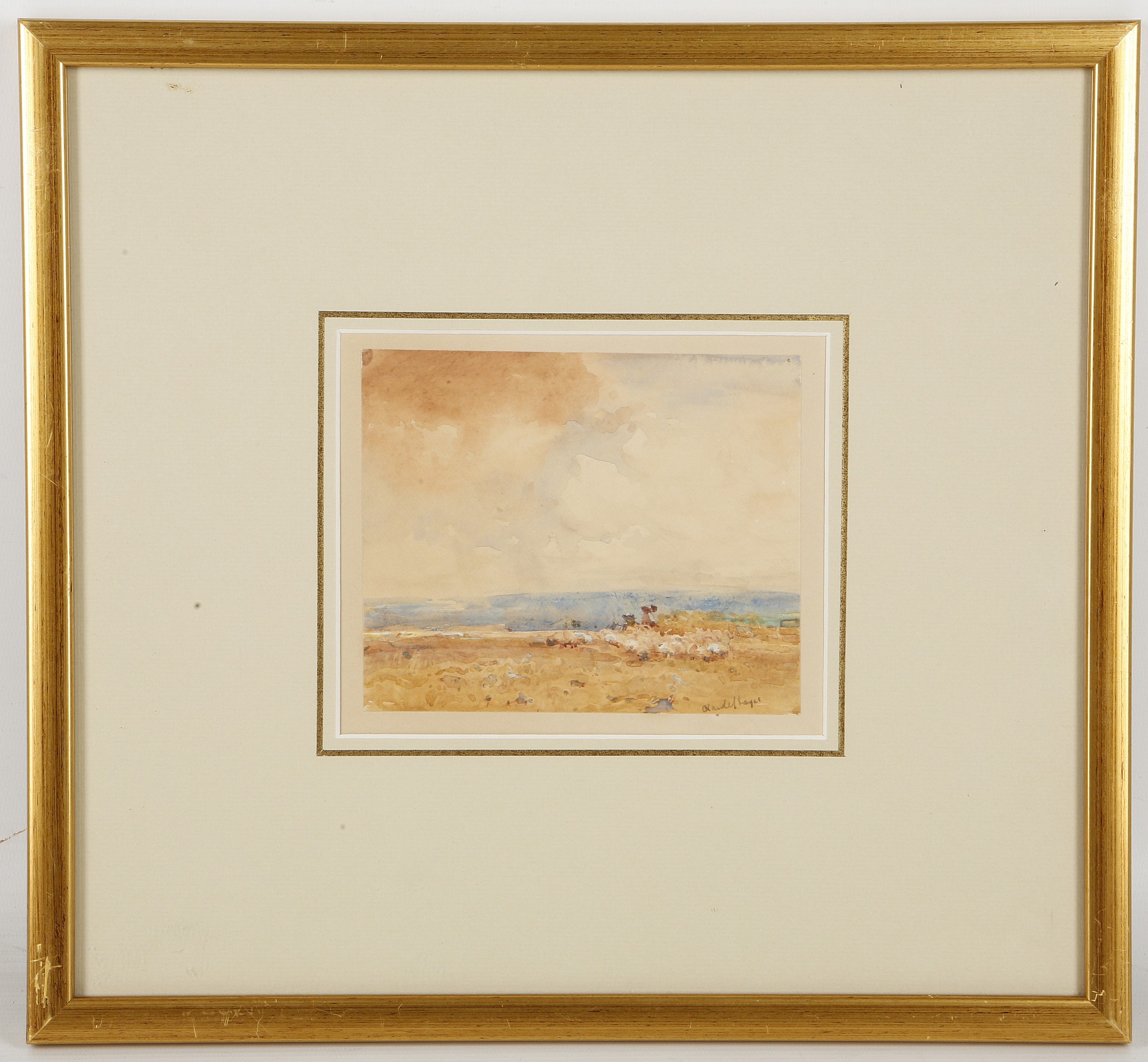 Claude Hayer, a pastoral watercolour (possibly continental), 12 x 14cm. Mounted, glazed and framed.