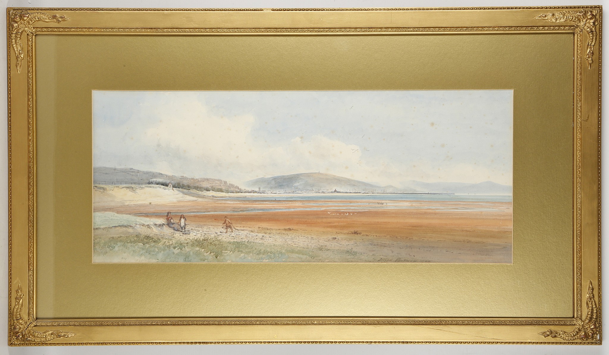 Alfred Parkman c.1900, watercolour of a foreshore, 25 x 60cm. Mounted, glazed and framed.