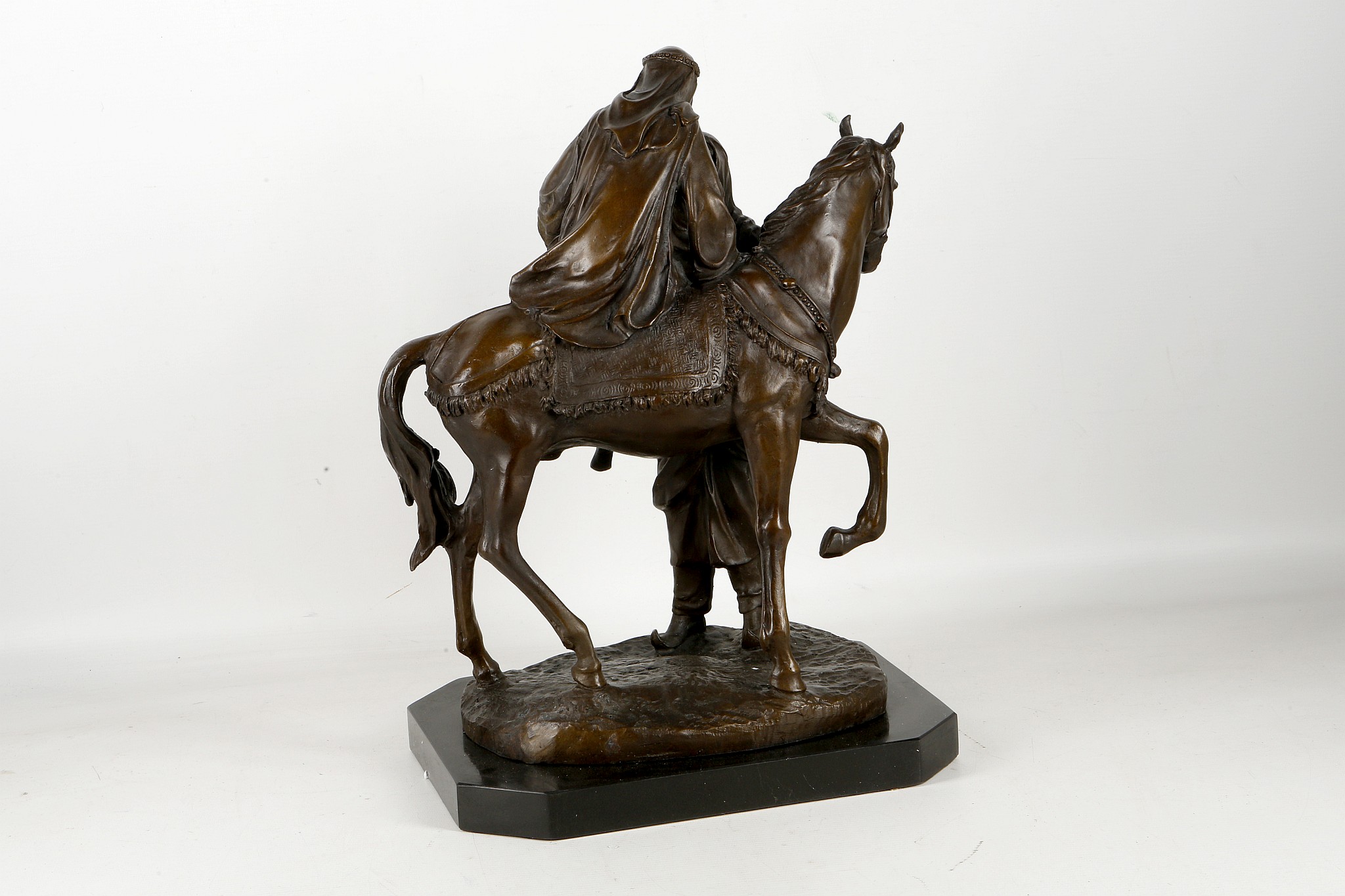 After August Rubin, bronze statue, study of an Arab man and wife upon a horse with traditional - Image 2 of 2