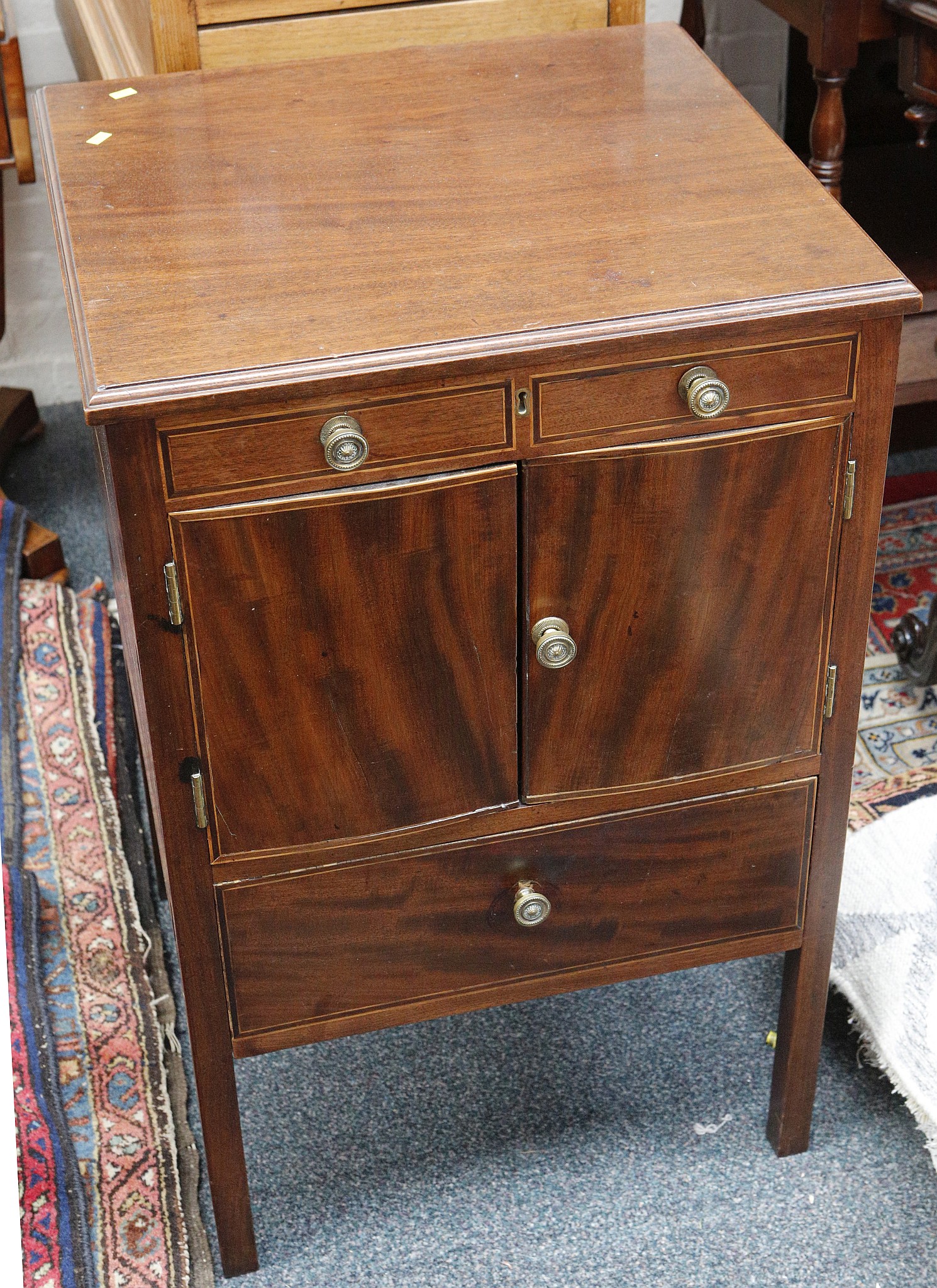 A 19th century mahogany converted commode, with cupboard and drawer on square legs, 53 x 50cm.