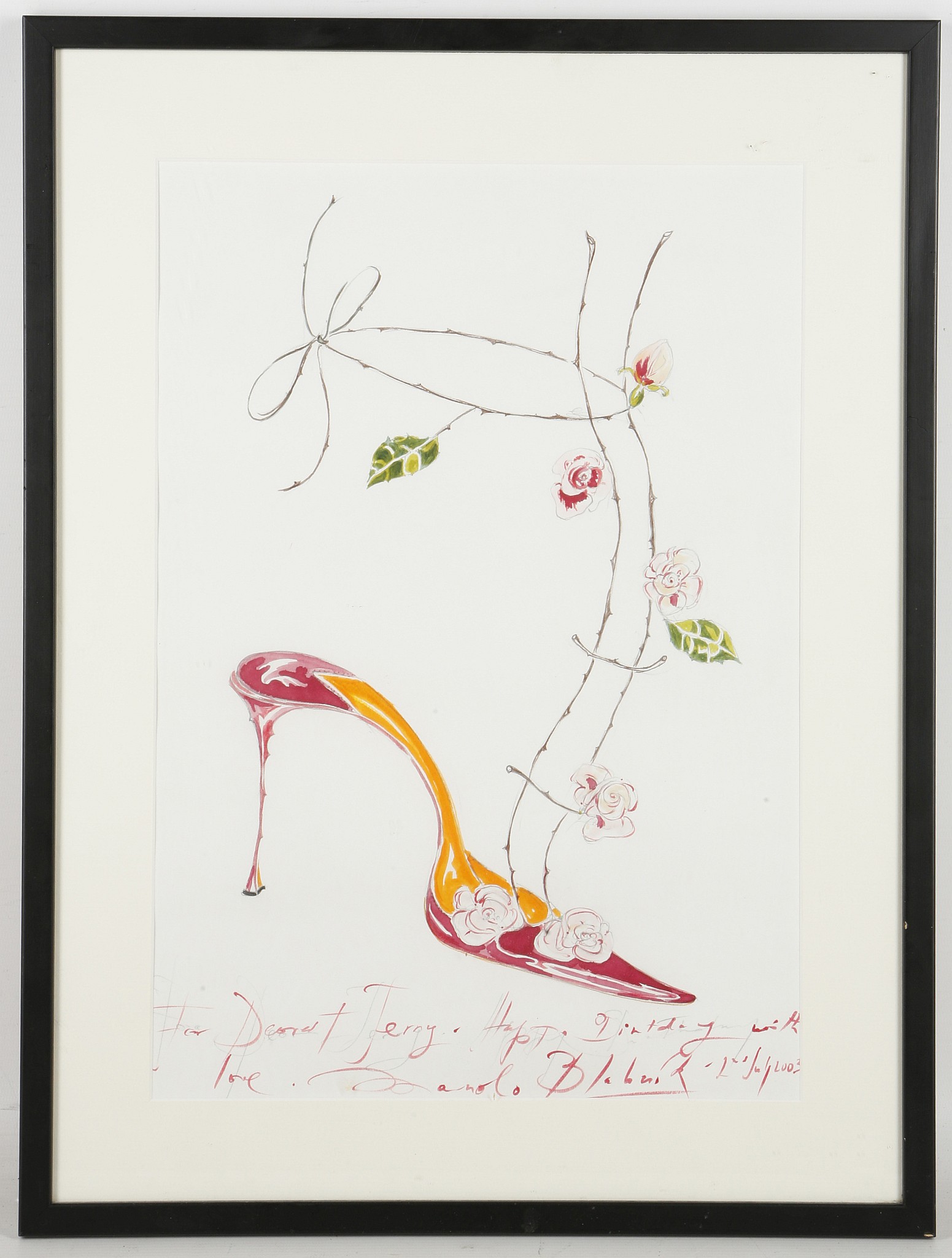 Mamolo Blahnik, Spanish, b.1942, shoe design with floral embellishment, signed and dedicated, 41 x