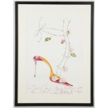 Mamolo Blahnik, Spanish, b.1942, shoe design with floral embellishment, signed and dedicated, 41 x