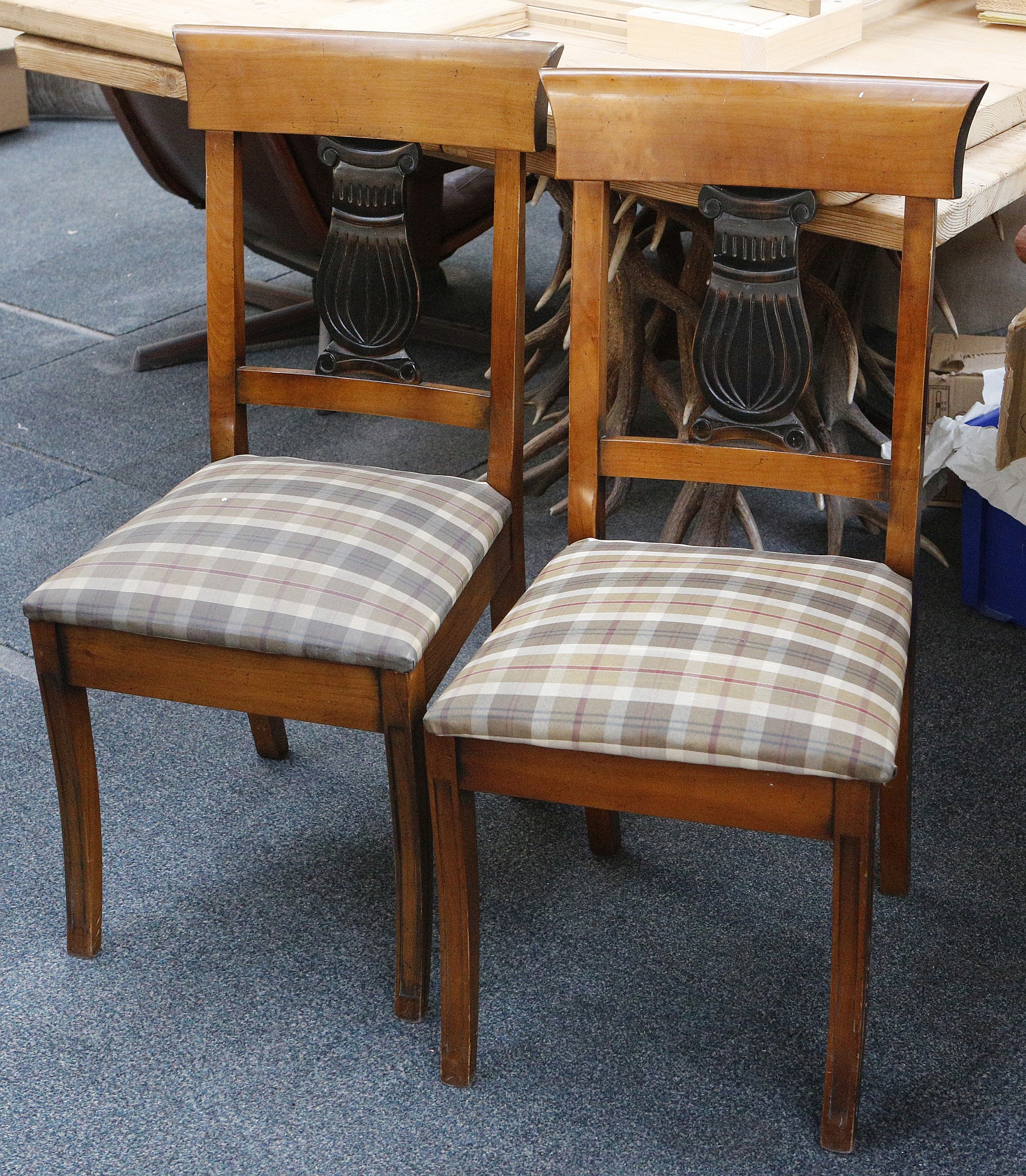 A pair of bar back contemporary dining chairs, urn splat, tartan seat.