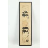 A SET OF THREE JAPANESE PILLAR PAINTINGS BY UTAMORO. 60 x 11cm (3)