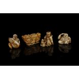 A COLLECTION OF FOUR JAPANESE NETSUKE. Two carved ivory and two carved bone. (4)