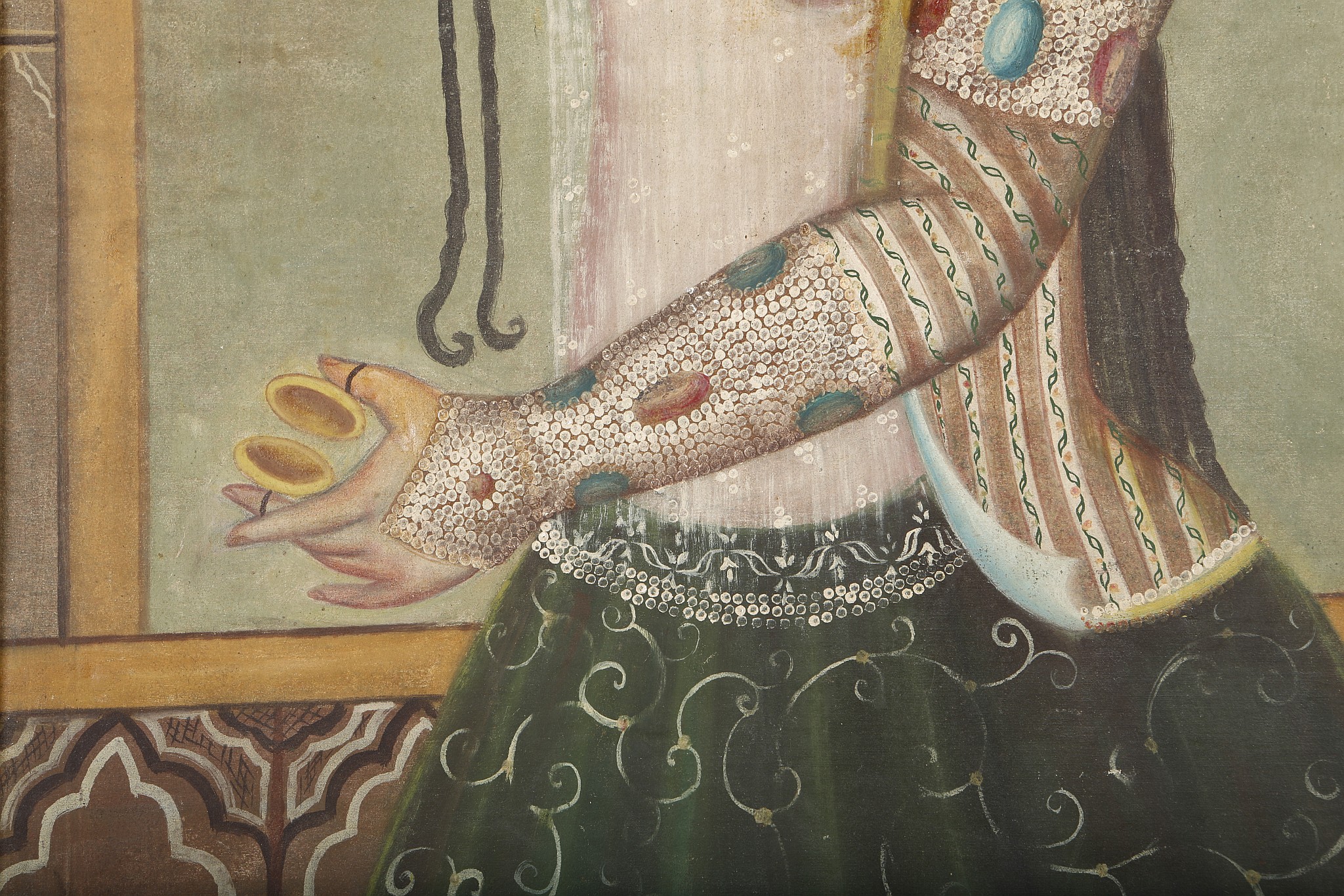 A QAJAR OIL PAINTING OF A LADY PLAYING CASTANETS. 19th Century. 145 x 79cm. - Image 3 of 4