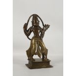 A SOUTH INDIAN BRONZE AND BRASS FIGURE OF HANUMAN. 18th Century. Standing on a rectangular plinth,