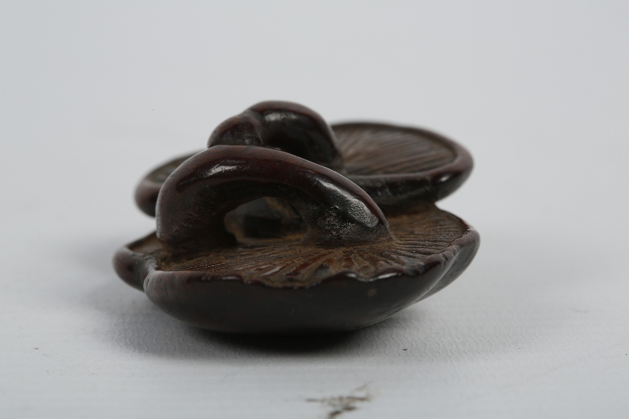 A JAPANESE WOODEN NETSUKE. Edo - Meiji Period. Carved as two conjoined mushrooms, 6cm long. - Image 3 of 7