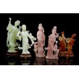 FIVE CHINESE HARDSTONE CARVINGS OF LADIES. 20th Century. A pair of ladies carved in rose quartz