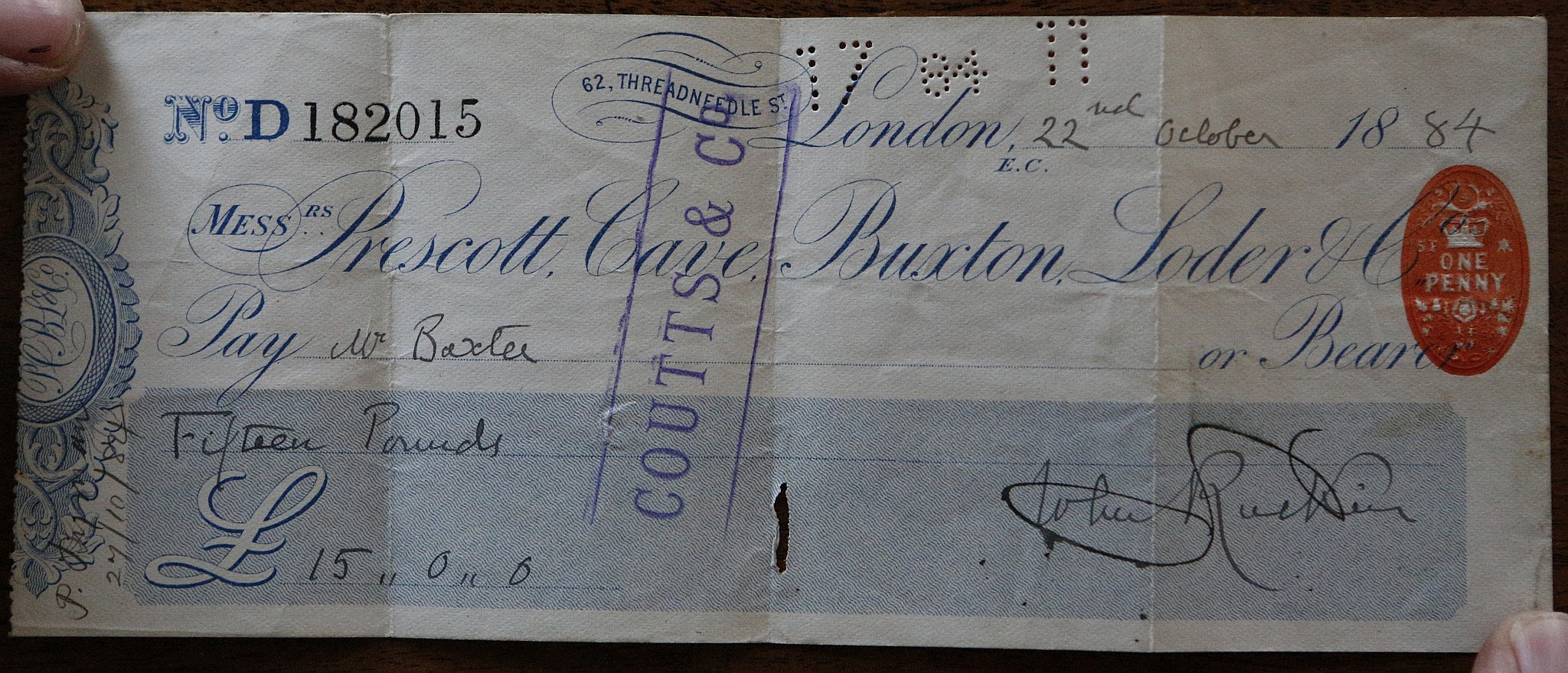 RUSKIN, John (1819-1900). An autographed cheque ("John Ruskin") paying a Mr Baxter £15 and dated - Image 2 of 2