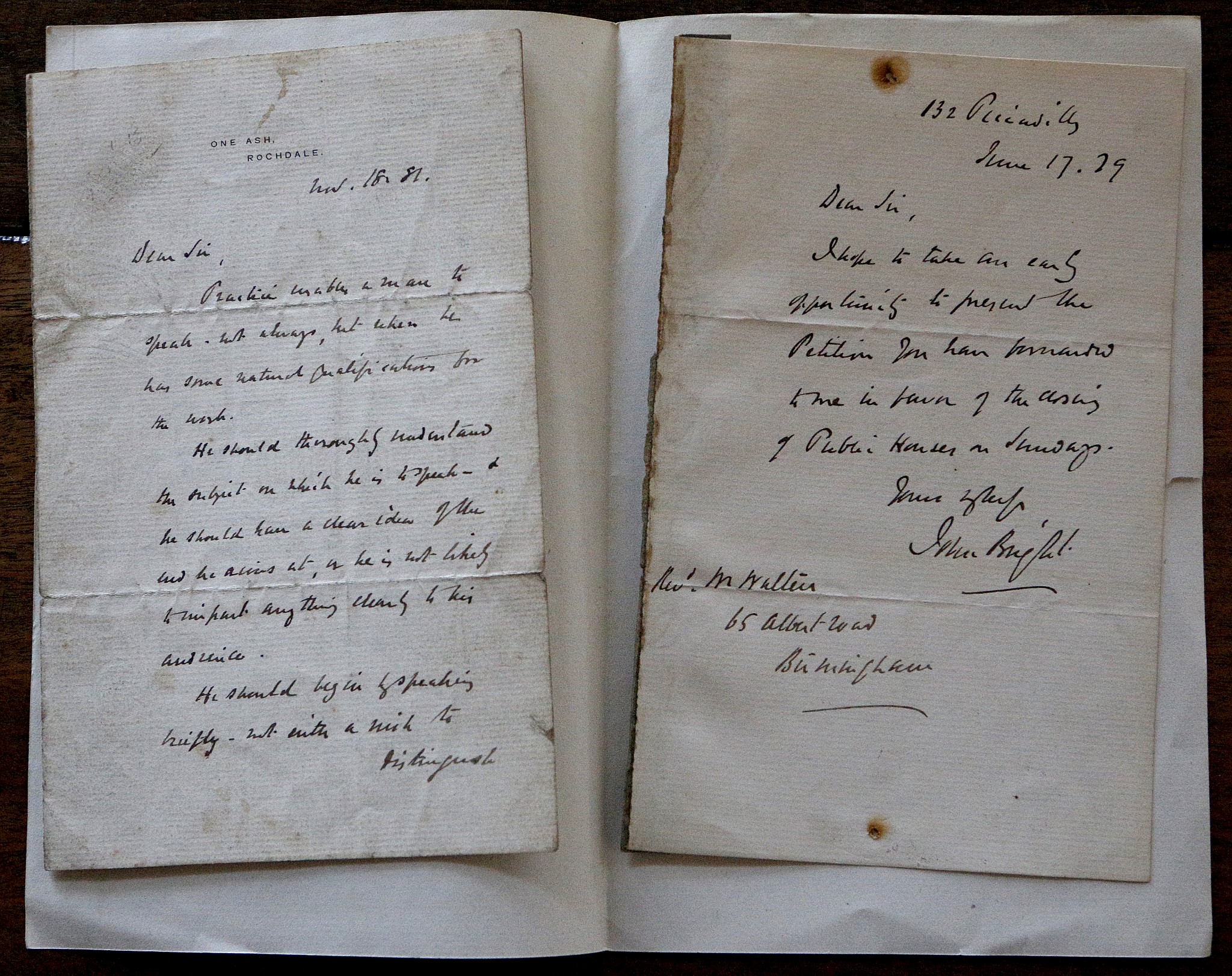 BRIGHT, John (1811-89). ALS [written to Rev. M. Walters] dated Nov. 1881. "Dear Sir, I hope to