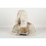 After Luchini, a statuary bust of Joan of Arc in white marble of different hues, sculpted looking to