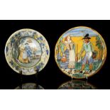 AN ITALIAN MONTELUPO MAIOLICA PLATE, late 19th century, painted with a rural couple carrying baskets