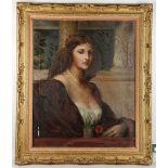 19th Century, oil on canvas, portrait of a Pre-Raphaelite lady with braided hair, seated in an