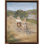 A large and most unusual woven picture of two rabbits on a tandem, with painted background, probably