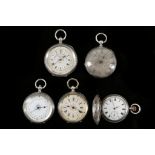 A collection of five 19th century fob watches to include a Swiss .035 silver full Hunter with all-