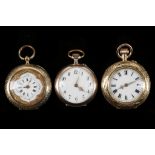 A ladies 19th century, 18ct gold cased fob watch, with all-over engraved case, inset cartouche