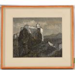 Mid 20th century, British School. 'Mountain Retreat', oil on board. Depicting a hilltop castle