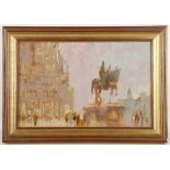 William Walcot, R.B.A., R.E. (British, 1874-1943). An equestrian statue with milling crowds. Oil