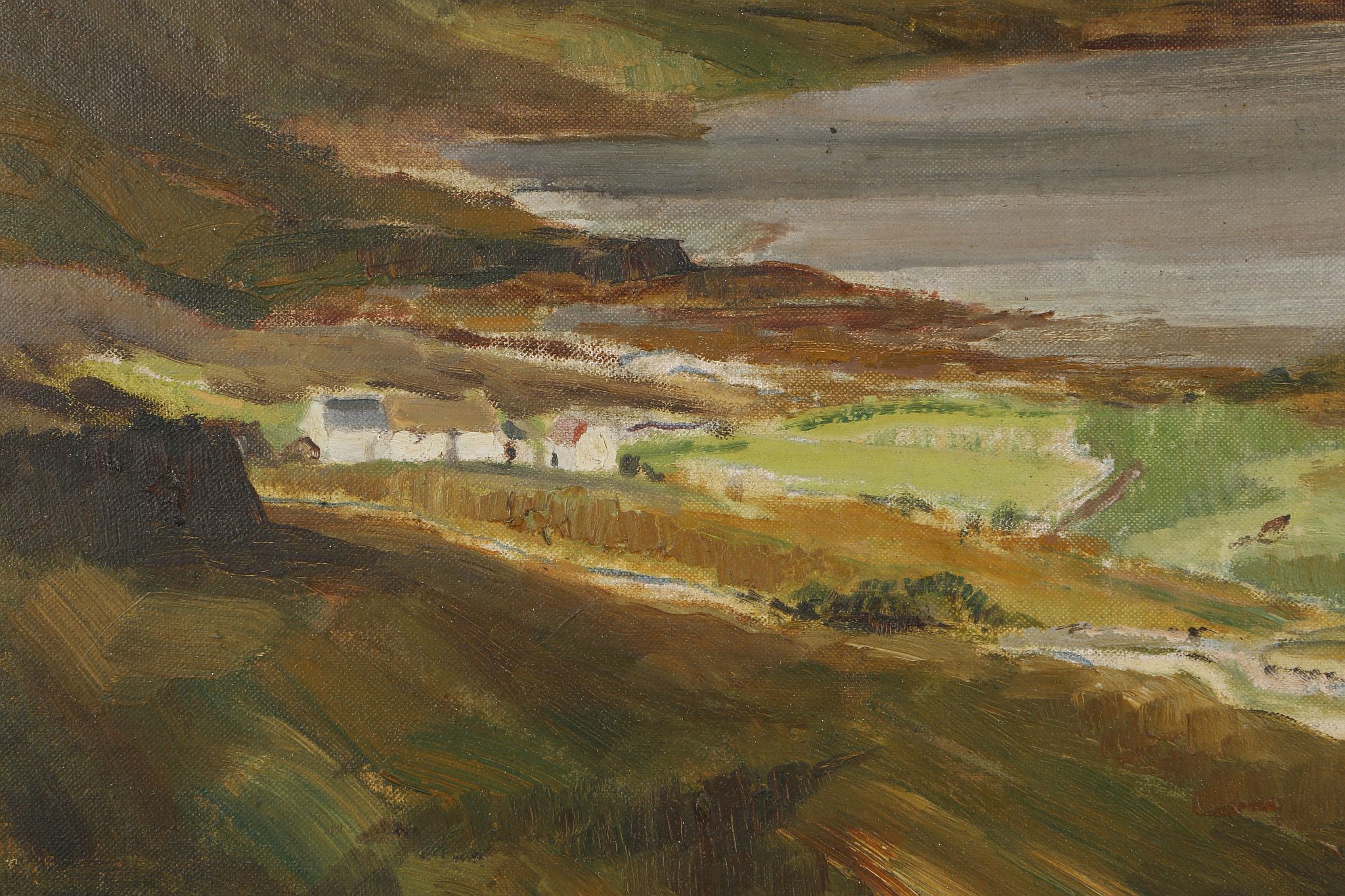 George Gault (Irish, 1916-2001). 'County Donegal'. Oil on canvas board, landscape view towards the - Image 3 of 7