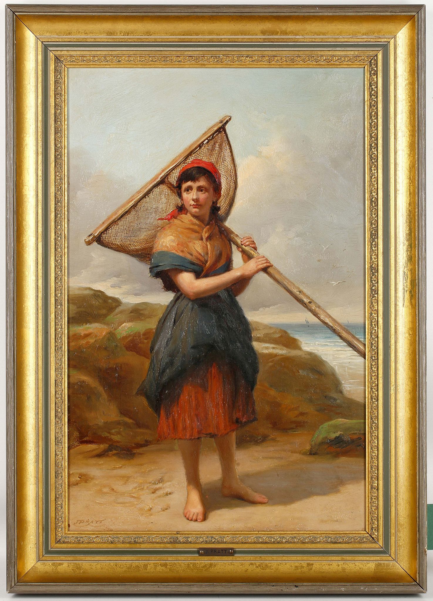 Jonathan Pratt (British, 1835-1911). 'Fisher Girl'. Adehcate oil on artist's milled board, laid to