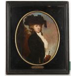 Follower of John Hoppner 1758-1815. 'Portrait of a Lady with Riding Crop'. Oil on oval panel, with