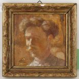 Circa 1900, small impressionistic oil on card portrait of a mustachioed man, verso, an au plein