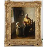 Bernard de Hoog 1867-1943. 'Mother, Daughter and Doll'. A fine interior oil on canvas scene.