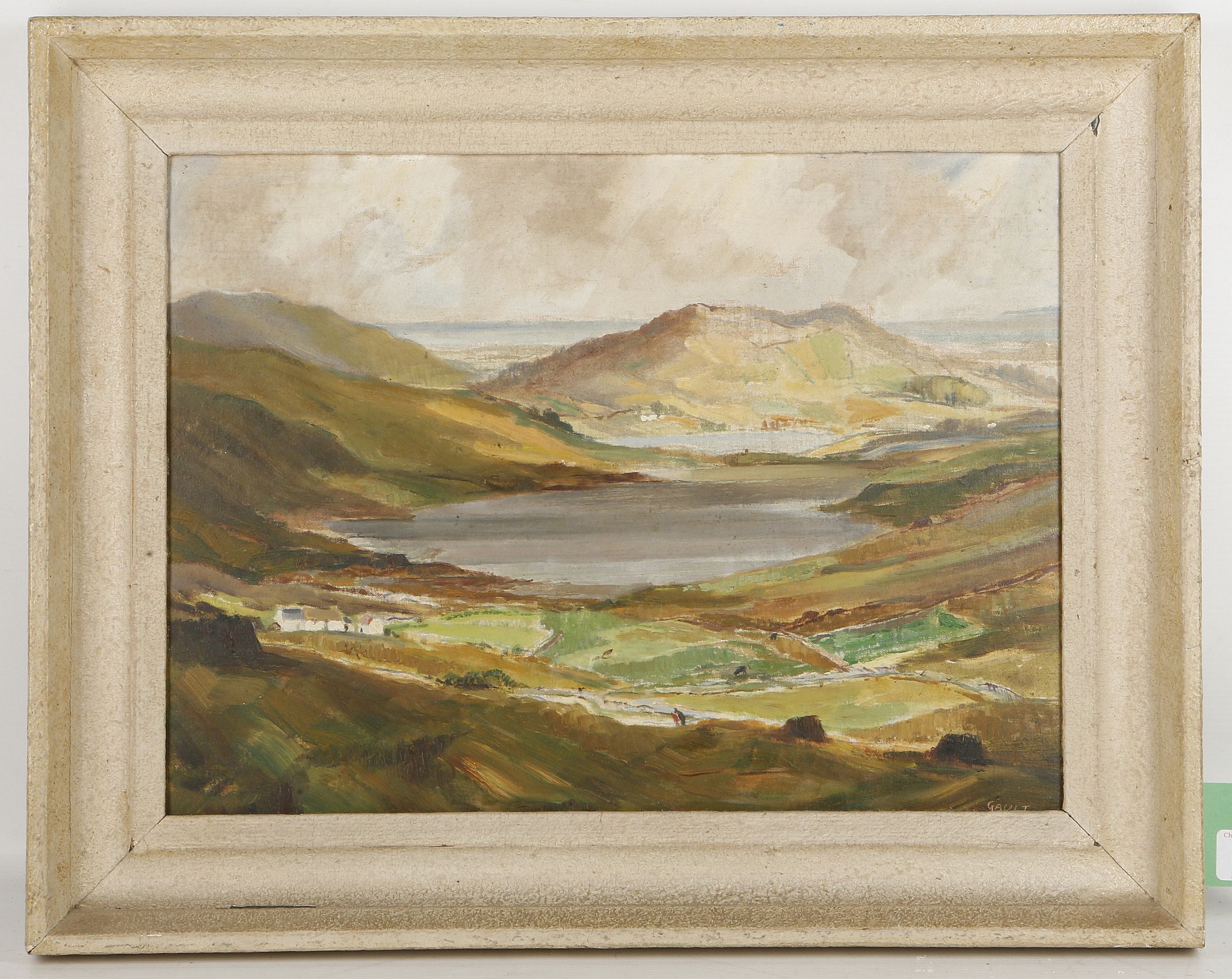 George Gault (Irish, 1916-2001). 'County Donegal'. Oil on canvas board, landscape view towards the