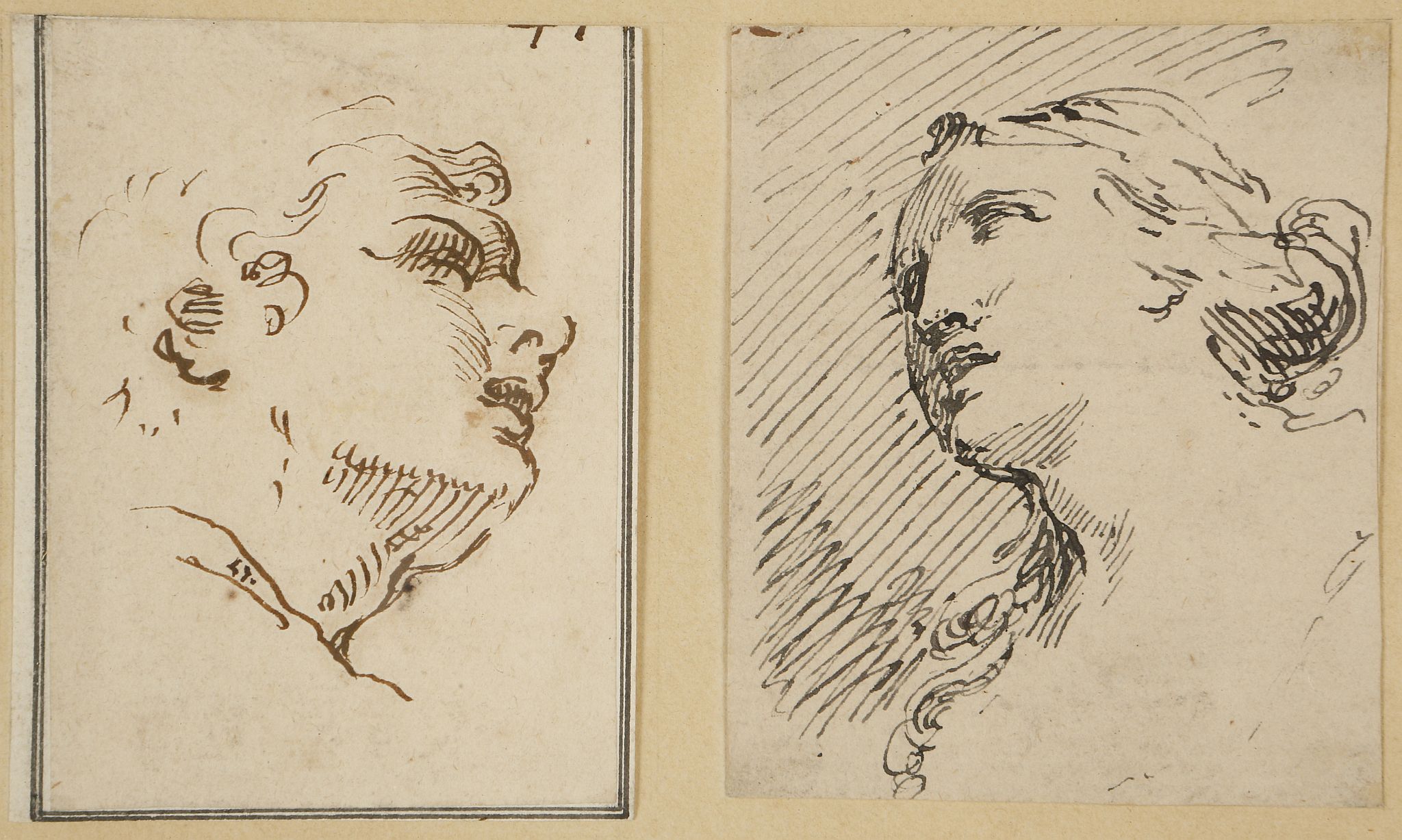 Attributed to Pietro Novella 1603-1647, Italian. A framed pair of pen and ink portraits, male - Image 2 of 6