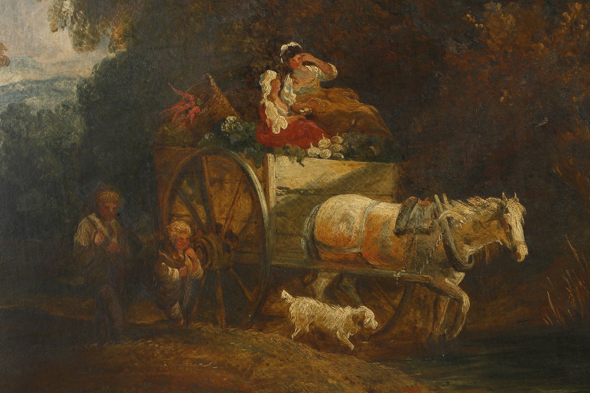 Late 18th century English school, 'Off to Market'. Oil on canvas, a family of farmers in a laden - Image 2 of 7
