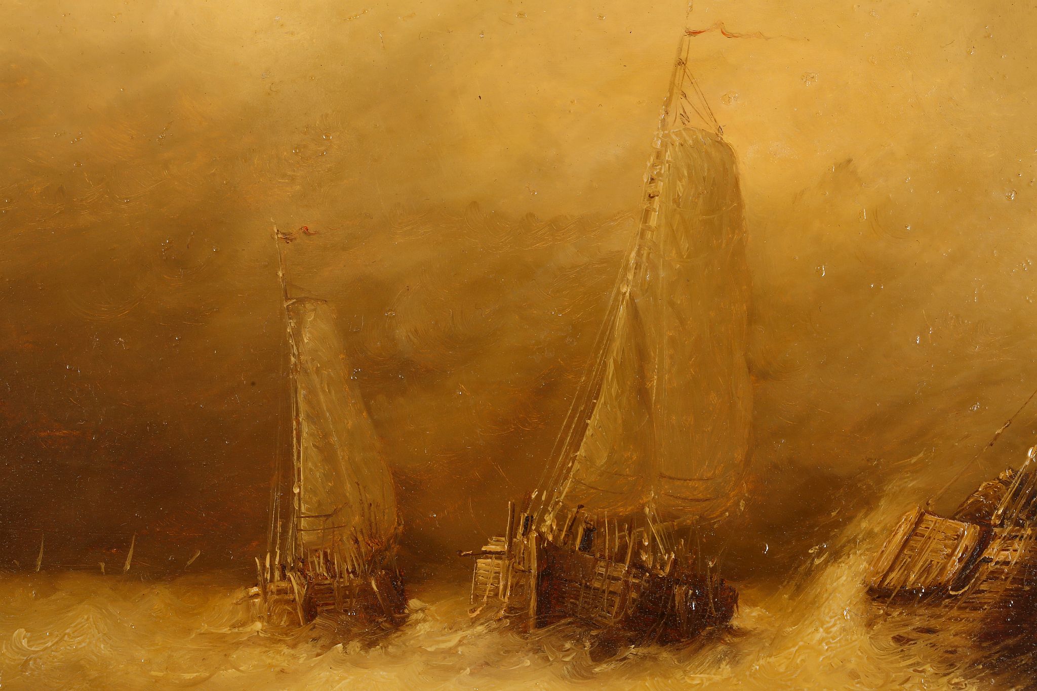 Hans Hieden, 20th century. 'In the Storm'. Oil on panel seascape depiction of three masted fishing - Image 5 of 6