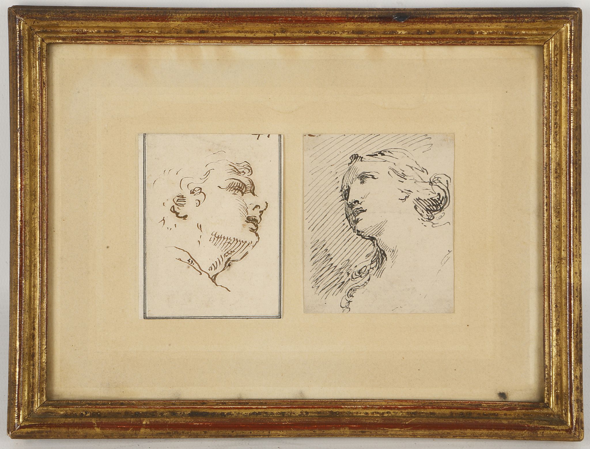 Attributed to Pietro Novella 1603-1647, Italian. A framed pair of pen and ink portraits, male