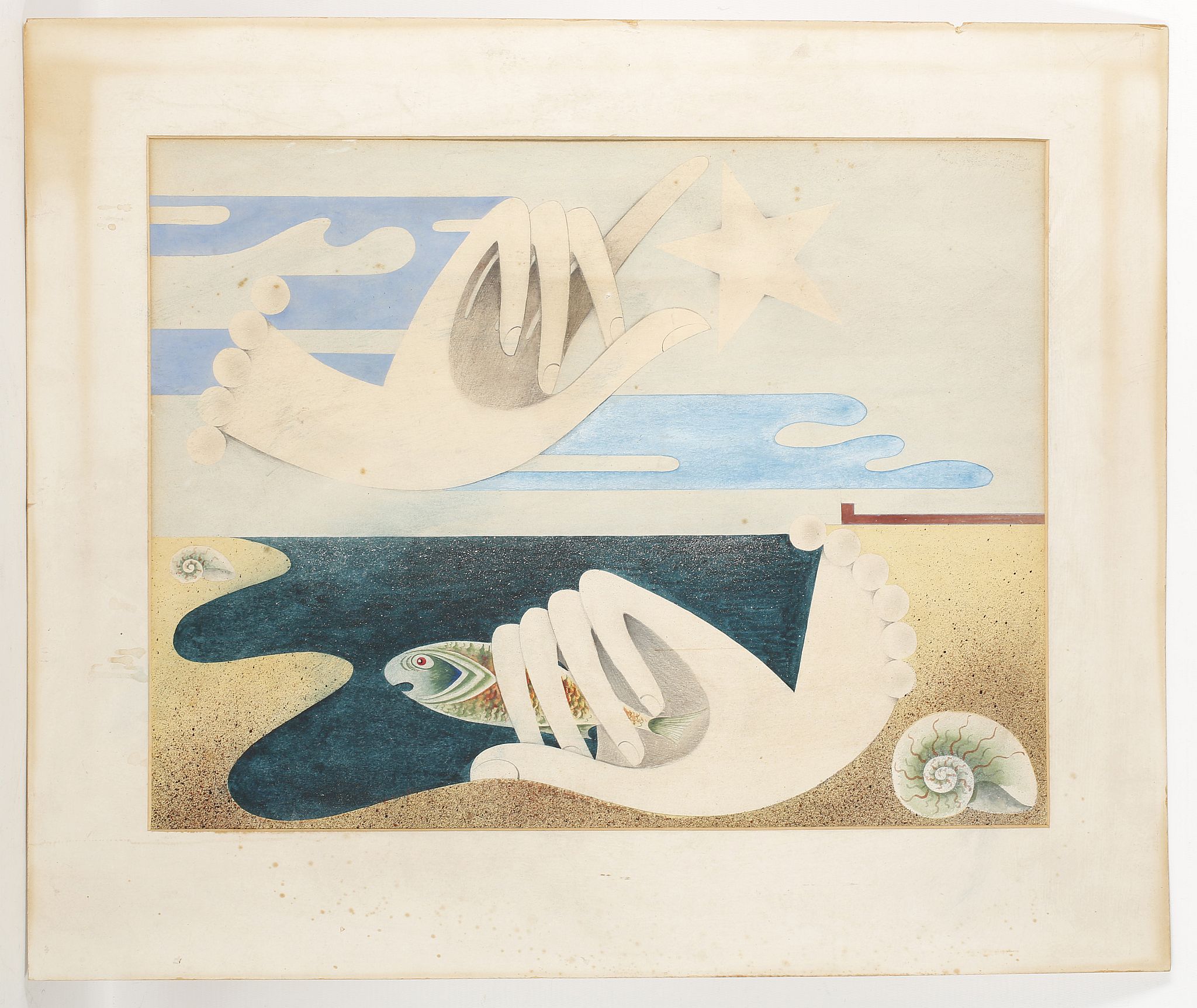 Roderick Bisson, 'Nautilus, Starfish in the Hand'. Watercolour, gouache, pencil and spray. A