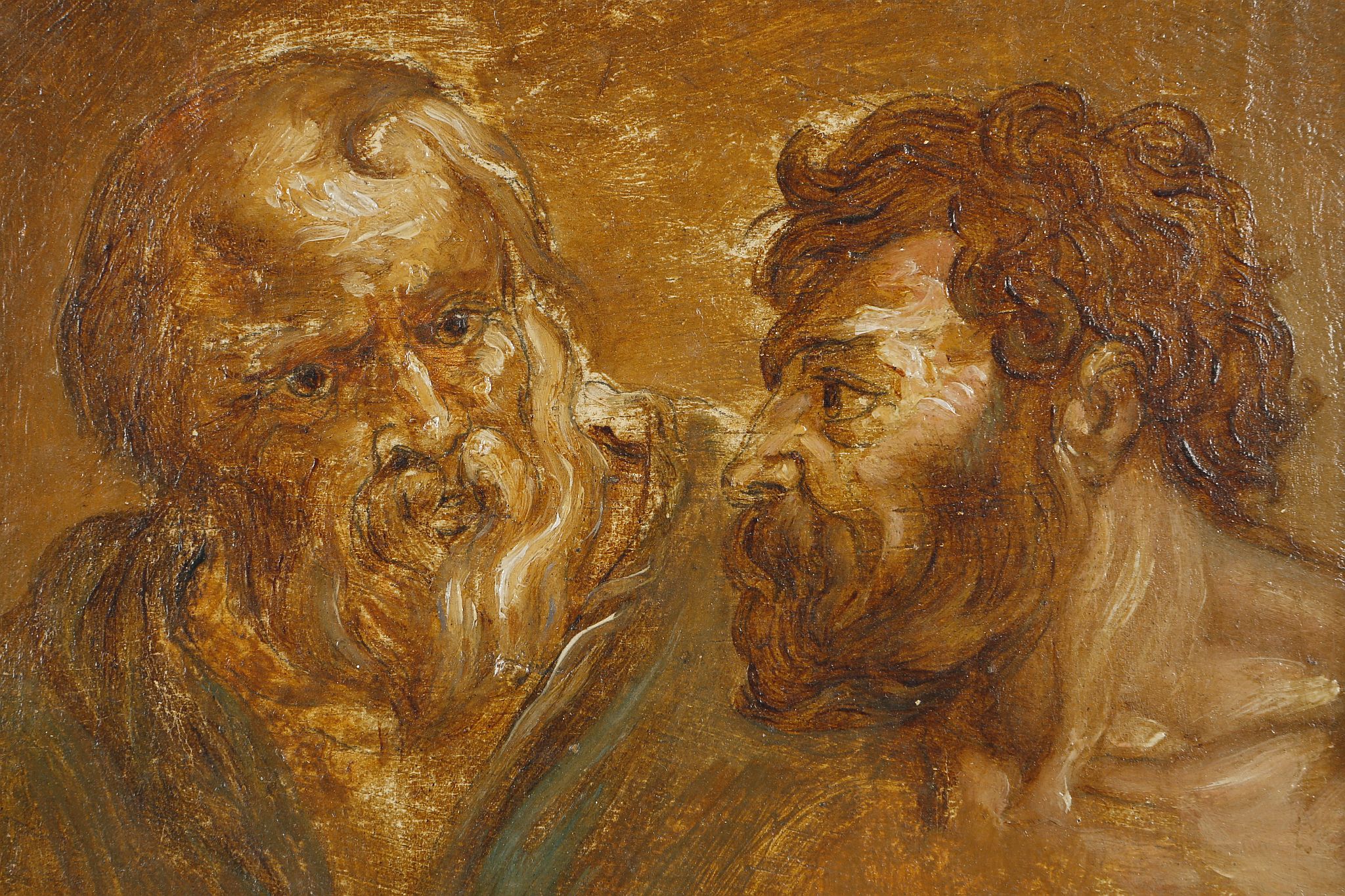 Circa 18th century. Oil on card laid to panel, study of two scholars. Monogrammed lower left. In a - Image 2 of 5