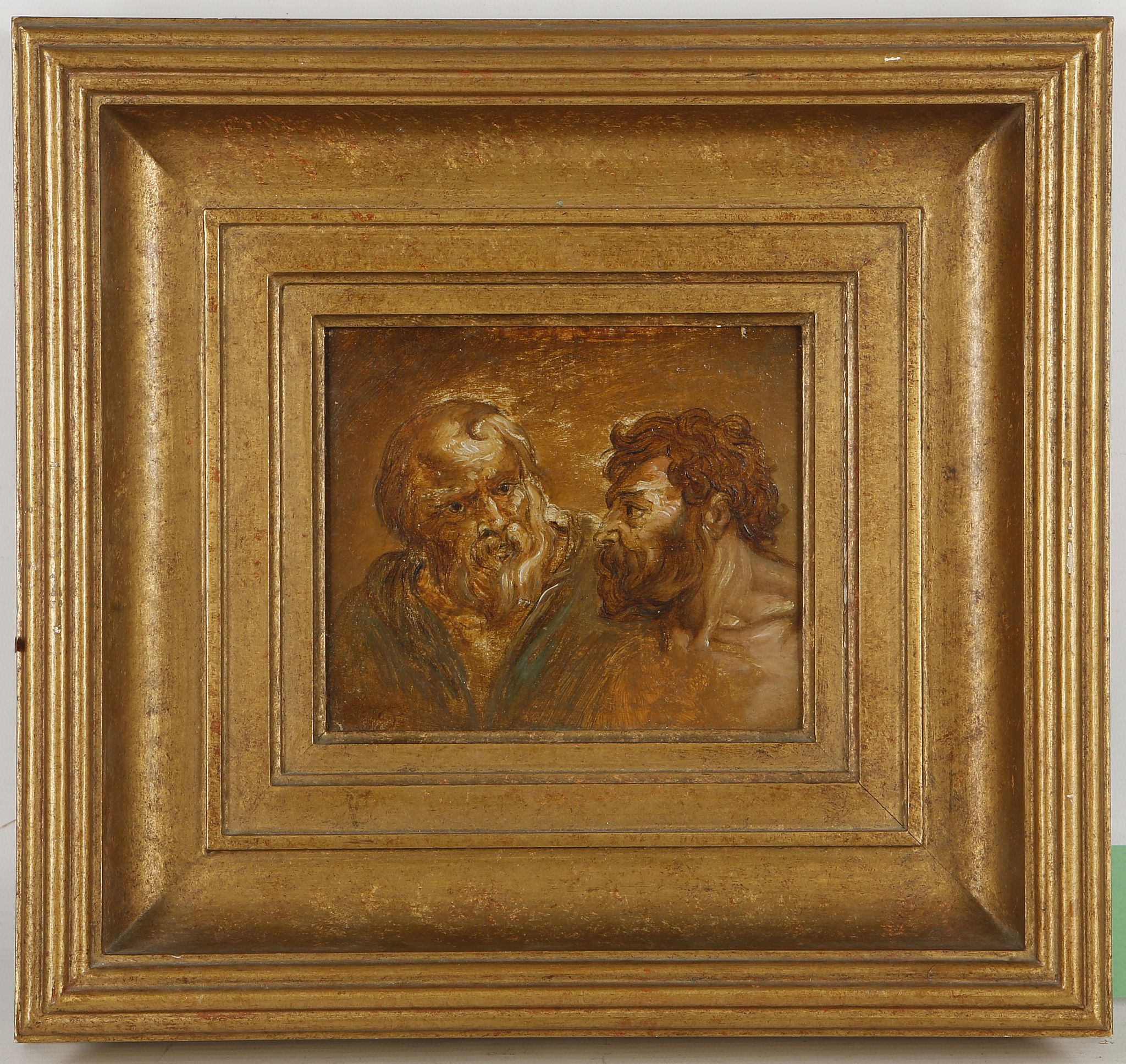 Circa 18th century. Oil on card laid to panel, study of two scholars. Monogrammed lower left. In a