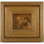 Circa 18th century. Oil on card laid to panel, study of two scholars. Monogrammed lower left. In a