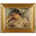 Hans Ekegardh 1881-1962, Sweden. 'Repos sur la Main'. Oil on canvas board. A sleeping young woman in