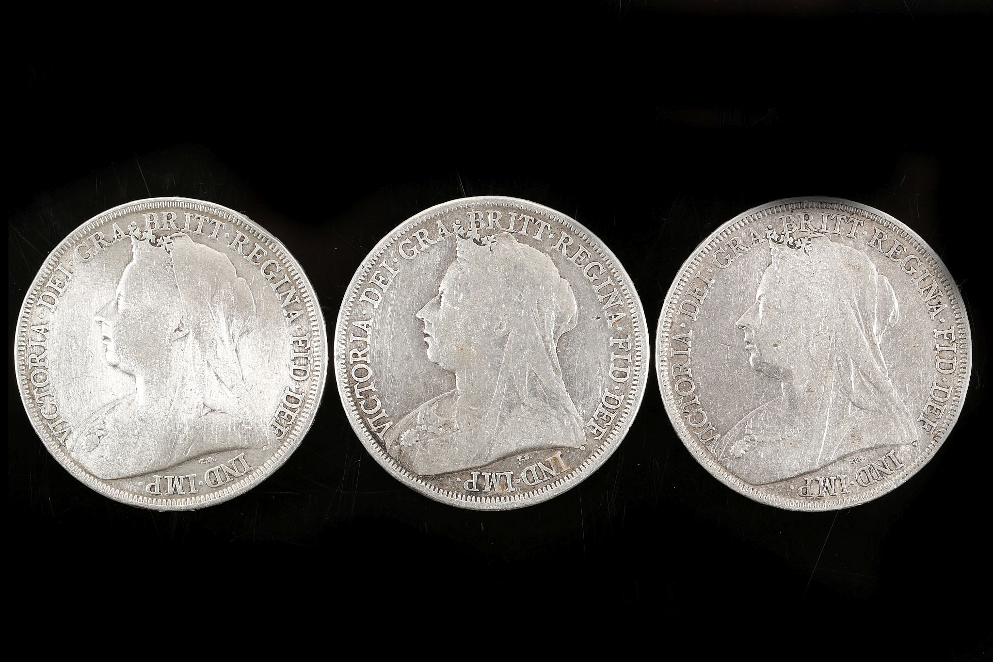 Three Victorian crowns 1893 x 2 1895, all with jubilee heads and inscribed edges (3). - Image 2 of 2