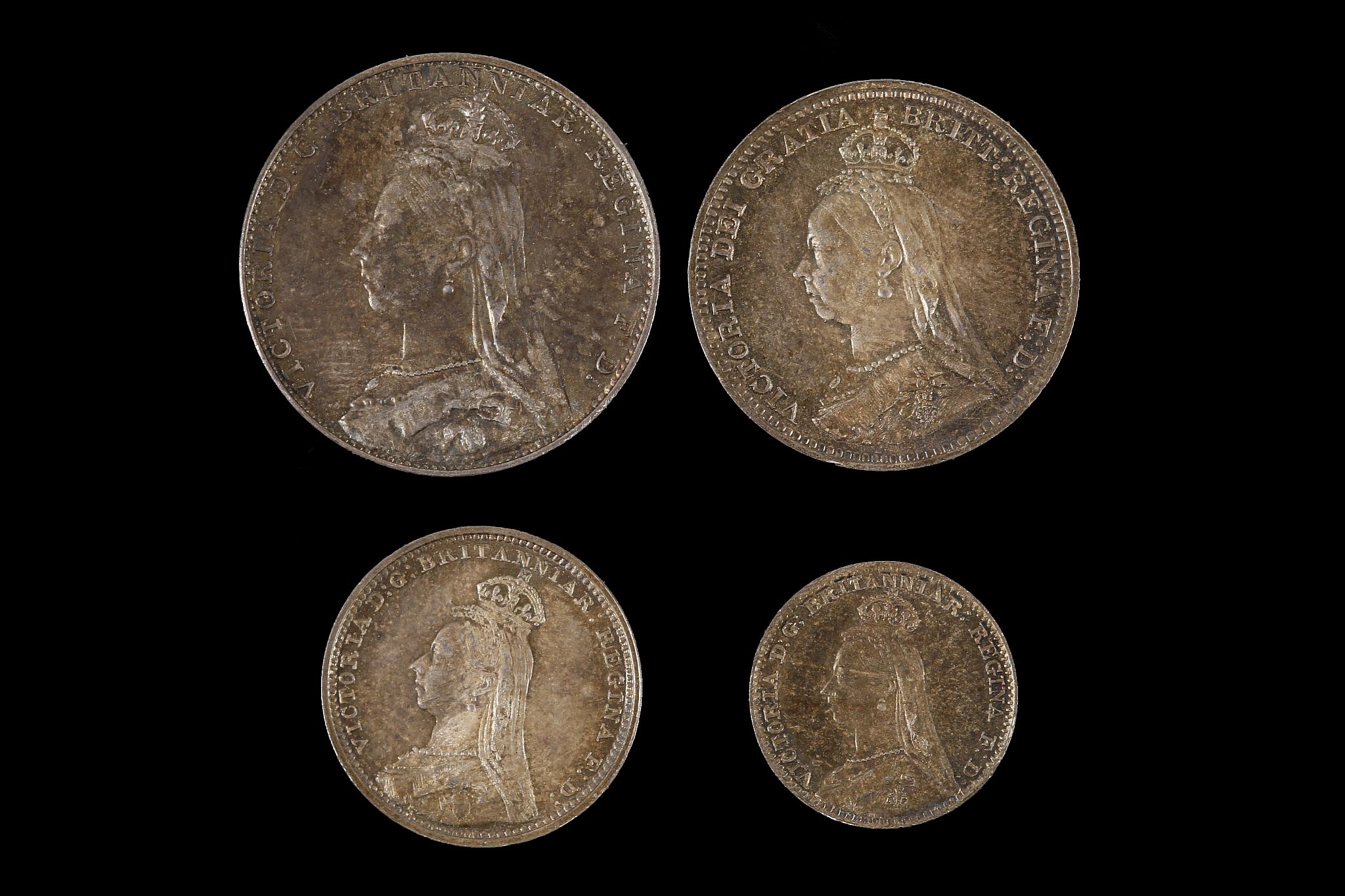 Victoria 1892, maundy set of for coins contained in a gilt embellished leather case, veiled head - Image 2 of 2