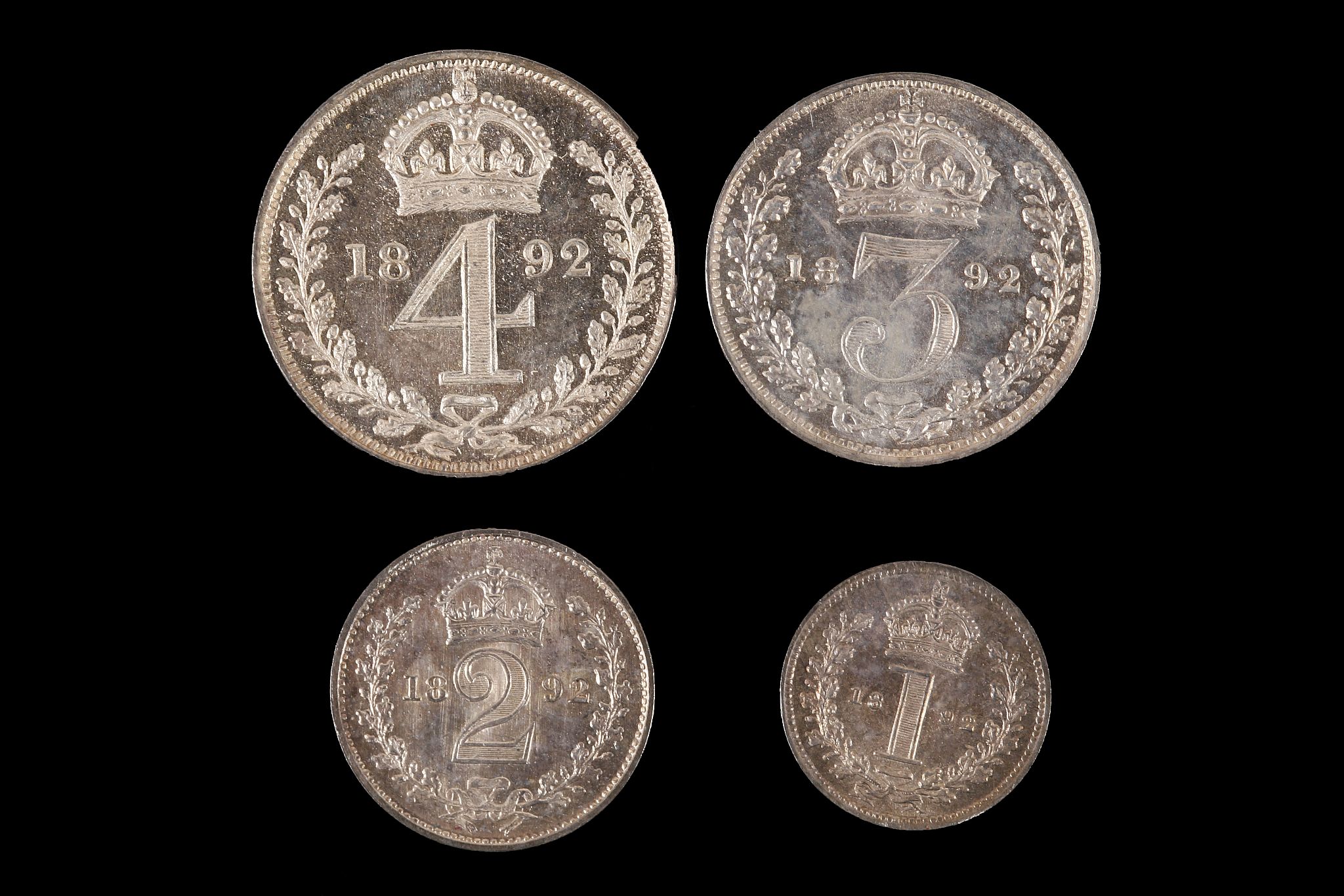 Victoria 1892, maundy set of four coins, veiled head left / value in Arabic numerals beneath crown