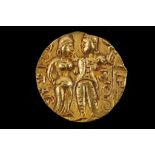 Samudragupta gold dinar, king and queen type c.335-375, king standing right, queen left facing, king