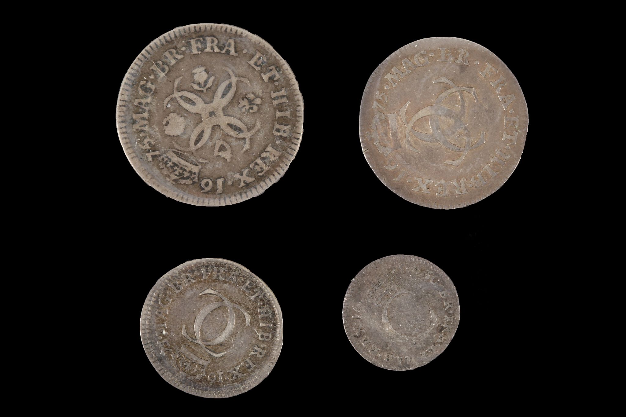 Charles II 1675, maundy set of four coins, laureate and draped bust right / interlocking 'C', VF++.