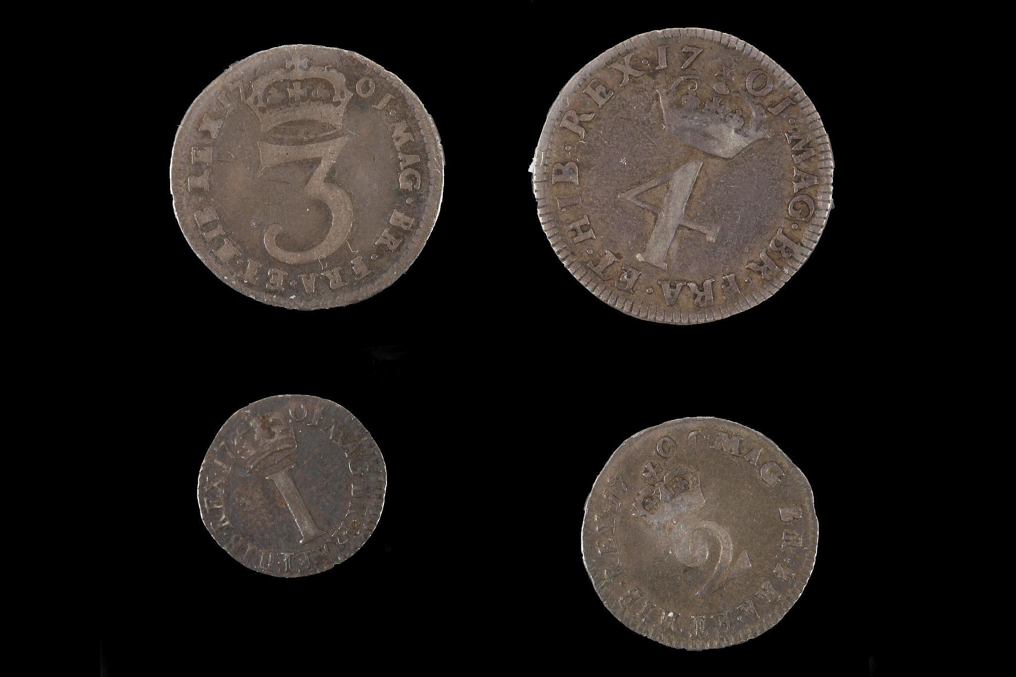 William III 1701, maundy set of four coins, laureate bust right / values in crowned Arabic numerals,
