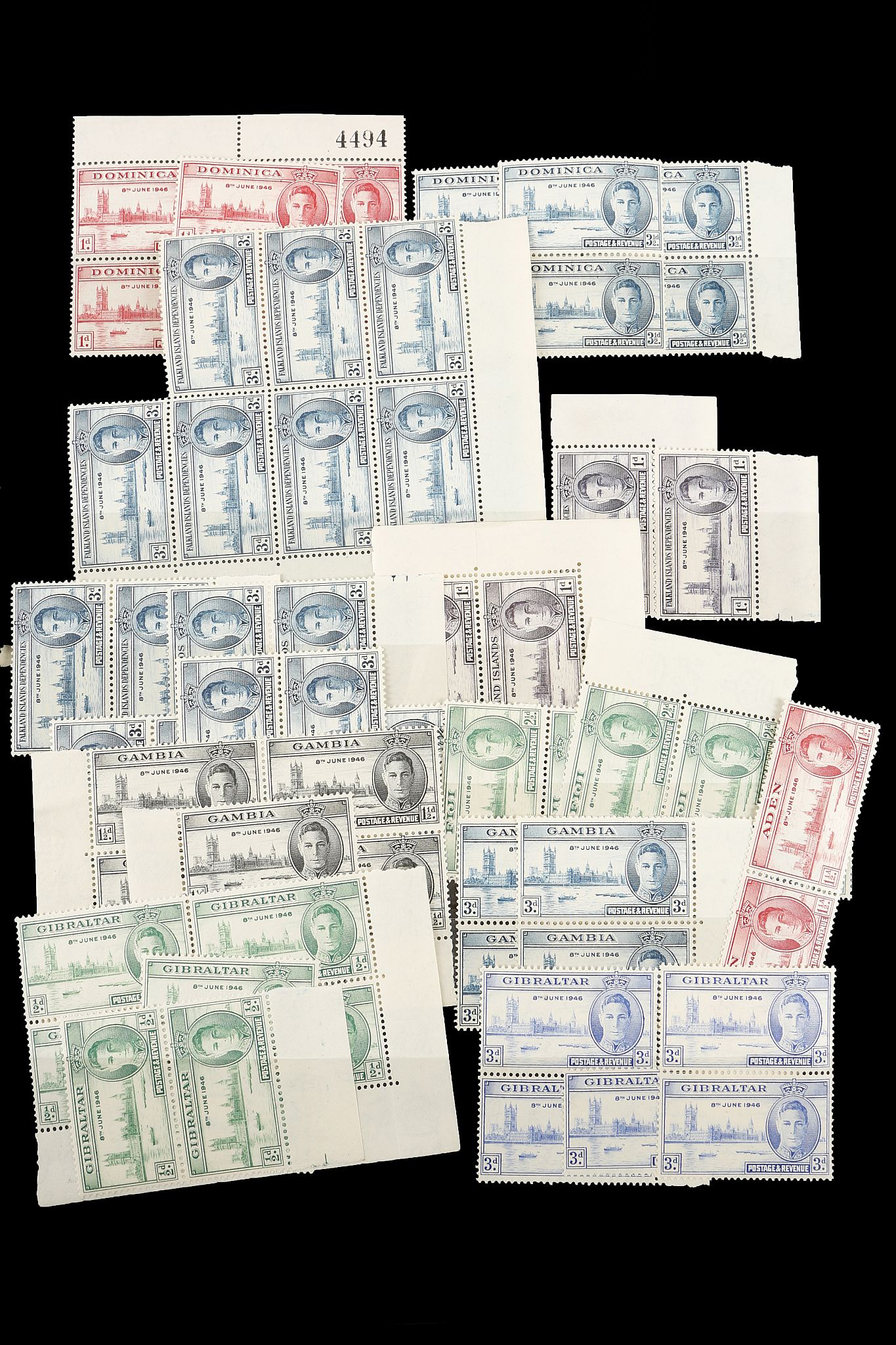 An interesting collection of 1946 victory stamps in various blocks, pairs, singles etc, many - Image 3 of 9