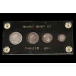 Charles II 1684, maundy money set of four coins, now held in a clear plastic display, Laureted and